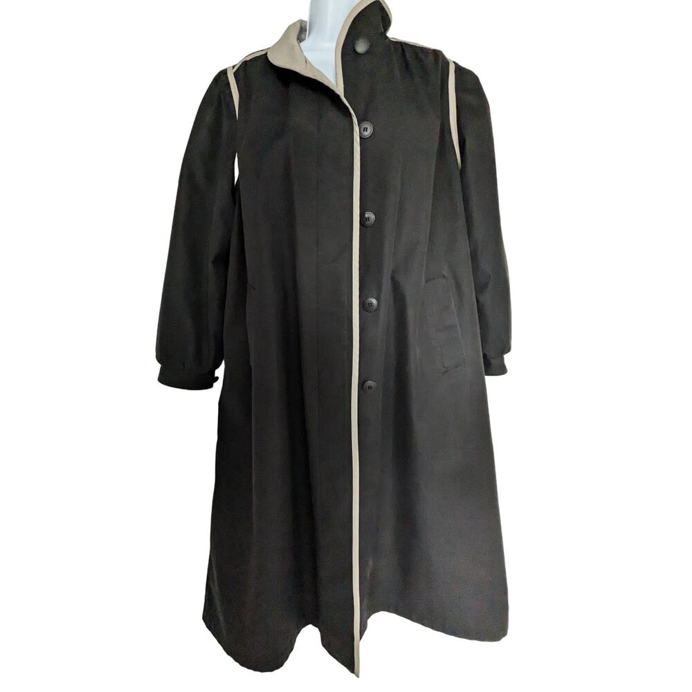 Women’s Black Mid-Length Trench Style Button Front Coat Contrast Trim - Picture 6 of 14